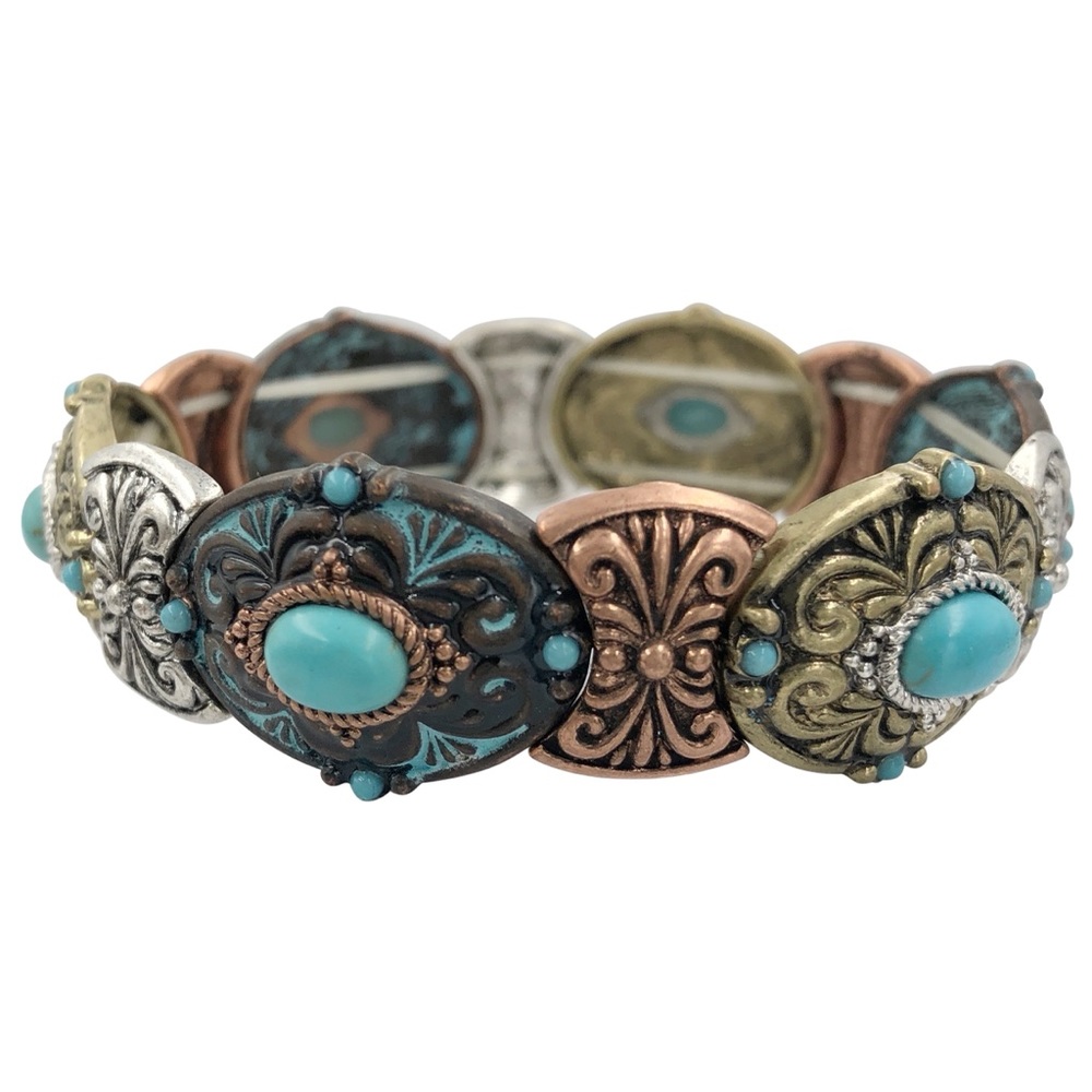 Mixed Metal Patina Concho Western Style Turquoise Stone Stretch Bracelet
